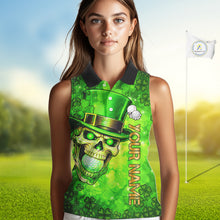 Load image into Gallery viewer, Funny Skull green shamrock pattern Sleeveless Golf Polo Shirt Custom St Patrick's Day ladies golf top NQS11662