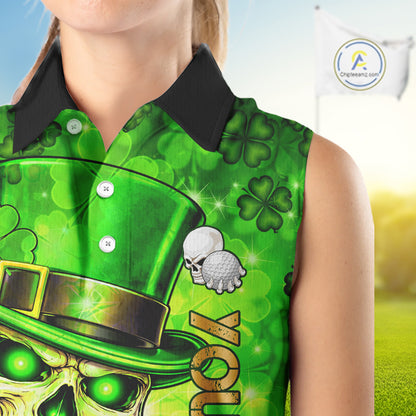 Funny Skull green shamrock pattern Sleeveless Golf Polo Shirt Custom St Patrick's Day ladies golf top NQS11662