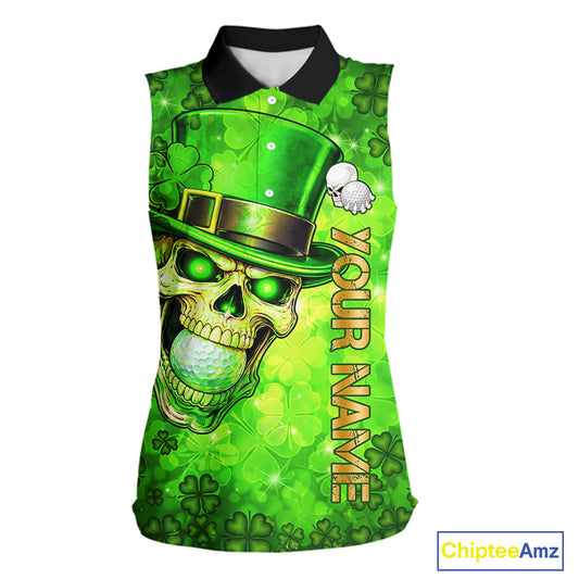 Funny Skull green shamrock pattern Sleeveless Golf Polo Shirt Custom St Patrick's Day ladies golf top NQS11662