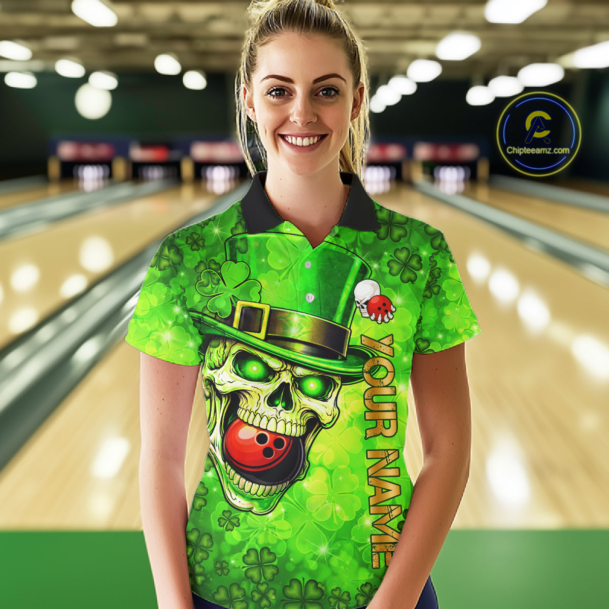Funny Skull green shamrock pattern Bowling Shirt For Women Custom St Patrick Day team bowling jerseys NQS11663