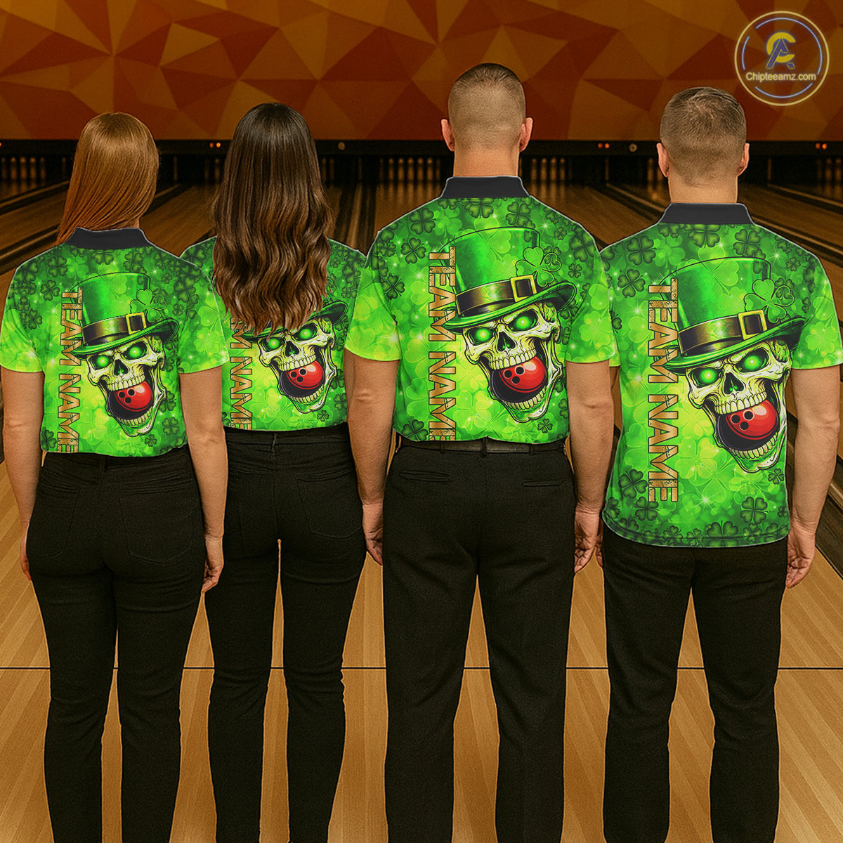 Funny Skull green shamrock pattern Bowling Shirt For Women Custom St Patrick Day team bowling jerseys NQS11663
