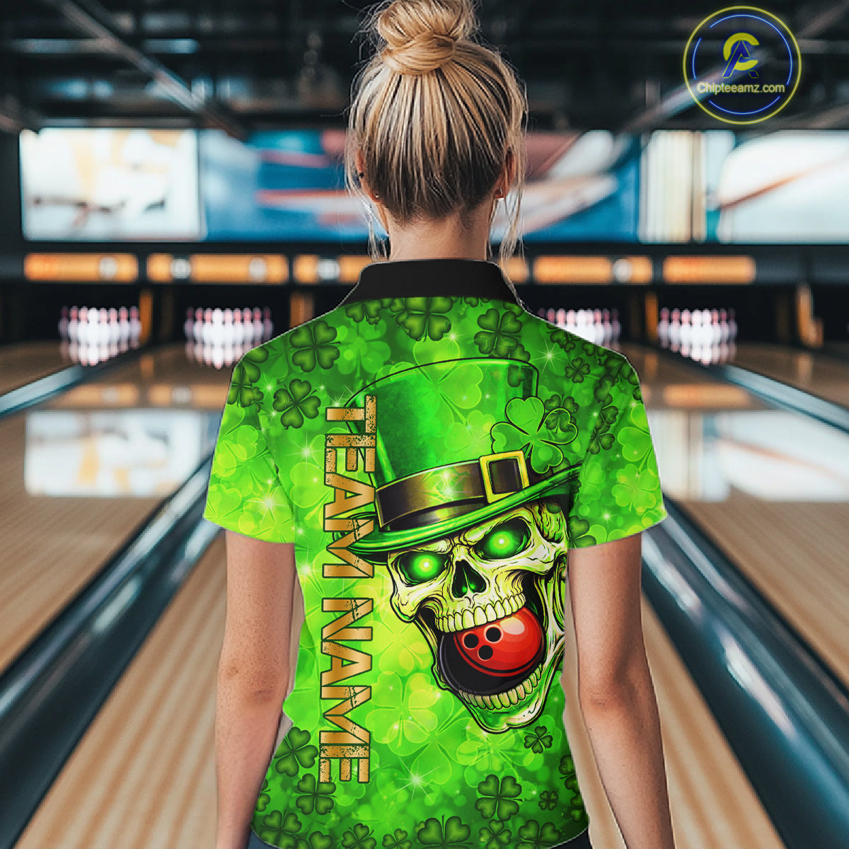 Funny Skull green shamrock pattern Bowling Shirt For Women Custom St Patrick Day team bowling jerseys NQS11663