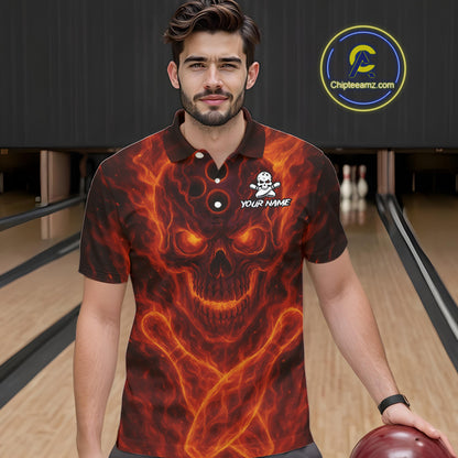 Custom Flame Skull Bowling Polo, Quarter Zip Shirt For Men, Skull Team Bowling League Jerseys NQS10676