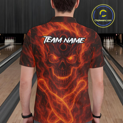 Custom Flame Skull Bowling Polo, Quarter Zip Shirt For Men, Skull Team Bowling League Jerseys NQS10676