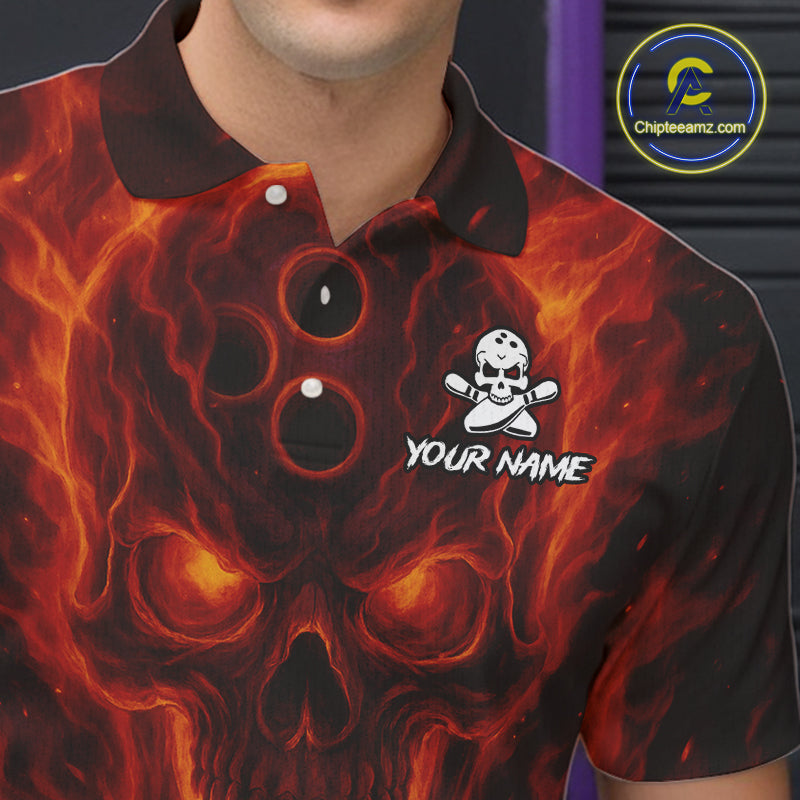 Custom Flame Skull Bowling Polo, Quarter Zip Shirt For Men, Skull Team Bowling League Jerseys NQS10676