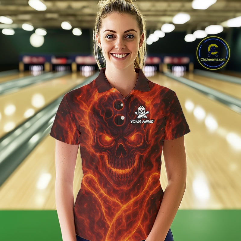 Custom Flame Skull Bowling Polo, Quarter Zip Shirt For Women, Skull Team Bowling League Jerseys NQS10676