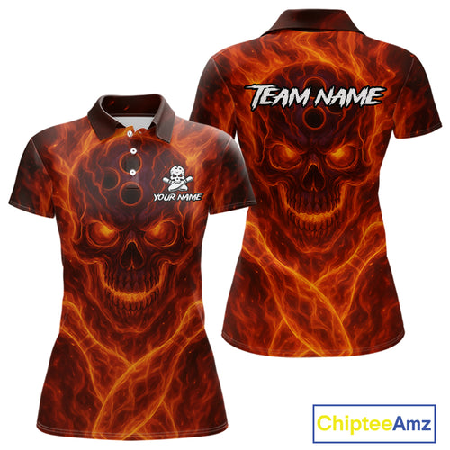 Custom Flame Skull Bowling Polo, Quarter Zip Shirt For Women, Skull Team Bowling League Jerseys NQS10676