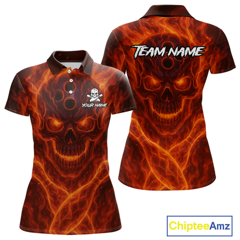 Custom Flame Skull Bowling Polo, Quarter Zip Shirt For Women, Skull Team Bowling League Jerseys NQS10676