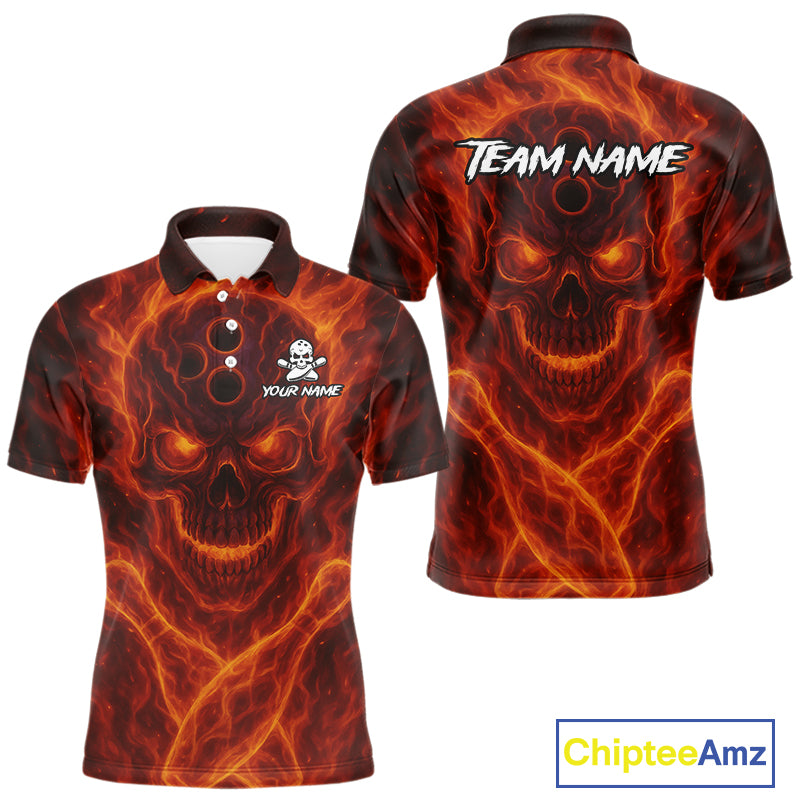 Custom Flame Skull Bowling Polo, Quarter Zip Shirt For Men, Skull Team Bowling League Jerseys NQS10676