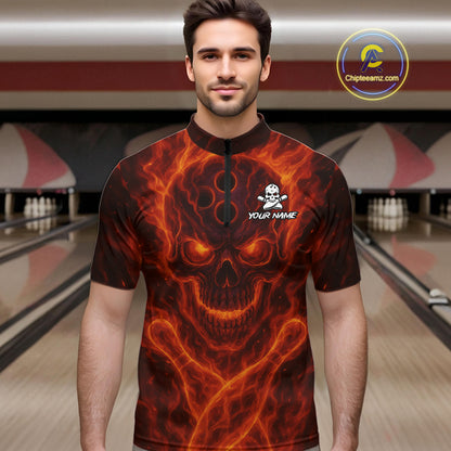 Custom Flame Skull Bowling Polo, Quarter Zip Shirt For Men, Skull Team Bowling League Jerseys NQS10676