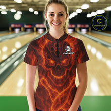 Load image into Gallery viewer, Custom Flame Skull Bowling Polo, Quarter Zip Shirt For Women, Skull Team Bowling League Jerseys NQS10676