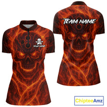 Load image into Gallery viewer, Custom Flame Skull Bowling Polo, Quarter Zip Shirt For Women, Skull Team Bowling League Jerseys NQS10676