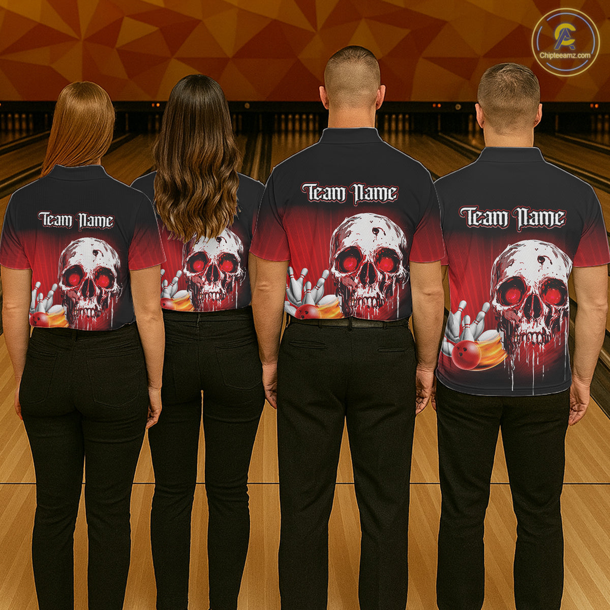 Black and Red Skull Bowling Polo, 1/4 zip shirts for Men Custom team bowling jerseys, Gift for bowler NQS11480
