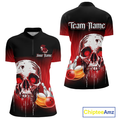 Black & Red Skull Bowling Polo, 1/4 zip shirts for Women Custom team bowling jerseys, Gift for bowler NQS11480