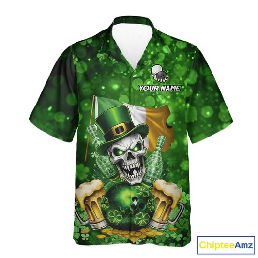 Custom Funny Skull Bowling and Beer Ireland Flag Green St Patrick Team Bowling Hawaiian shirts NQS11484