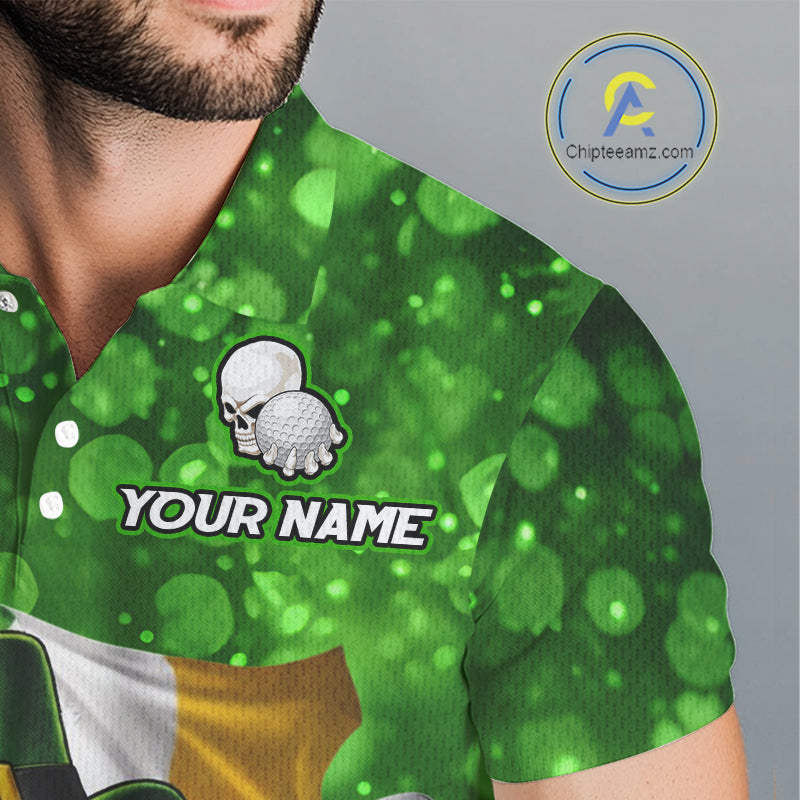 Custom Funny Skull Golf and Beer Ireland Flag Green St Patrick Team Polo shirts for Men, golfing gift NQS11485