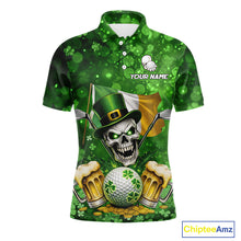Load image into Gallery viewer, Custom Funny Skull Golf and Beer Ireland Flag Green St Patrick Team Polo shirts for Men, golfing gift NQS11485