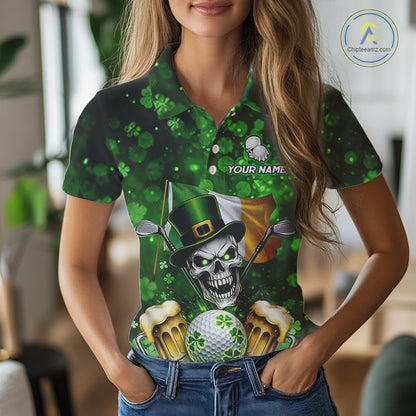 Custom Funny Skull Golf and Beer Ireland Flag Green St Patrick Team Golf Polo shirts for Women NQS11485