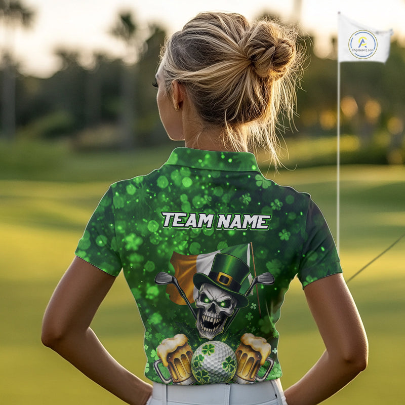 Custom Funny Skull Golf and Beer Ireland Flag Green St Patrick Team Golf Polo shirts for Women NQS11485