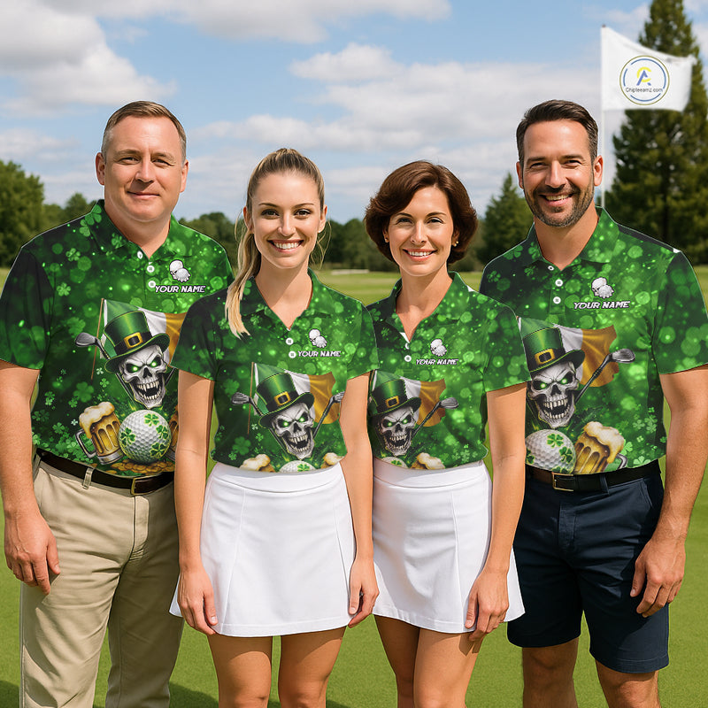 Custom Funny Skull Golf and Beer Ireland Flag Green St Patrick Team Polo shirts for Men, golfing gift NQS11485