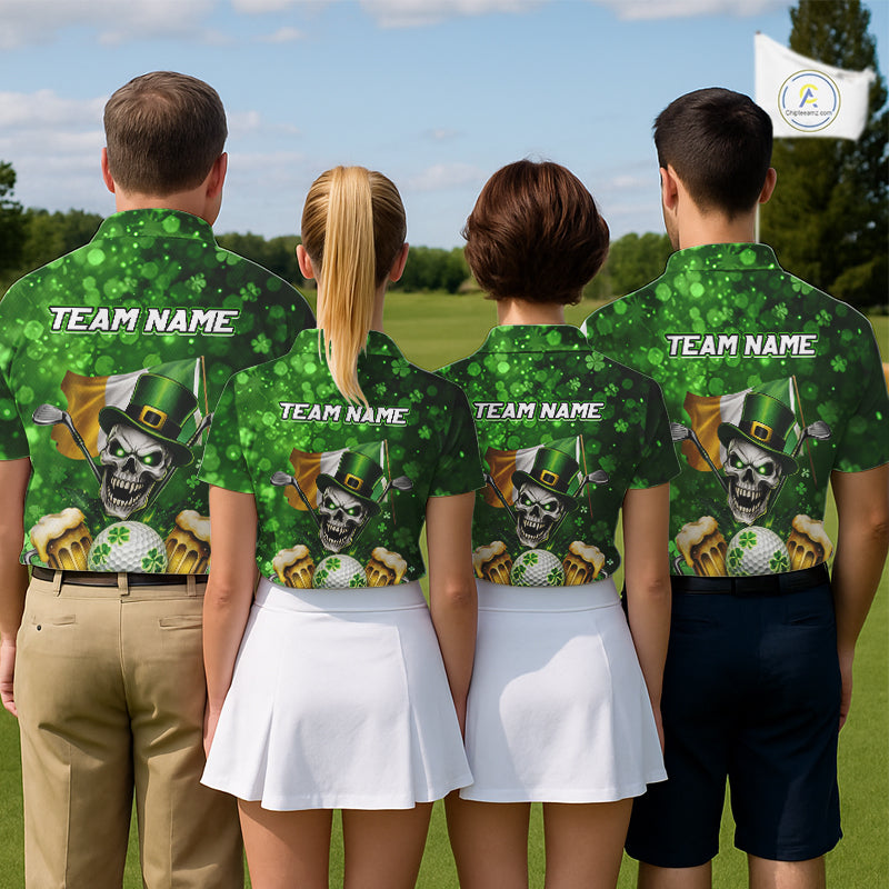 Custom Funny Skull Golf and Beer Ireland Flag Green St Patrick Team Polo shirts for Men, golfing gift NQS11485