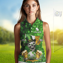 Load image into Gallery viewer, Custom Funny Skull Golf and Beer Ireland Flag Green St Patrick Team Ladies Sleeveless Golf shirts NQS11485