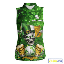 Load image into Gallery viewer, Custom Funny Skull Golf and Beer Ireland Flag Green St Patrick Team Ladies Sleeveless Golf shirts NQS11485
