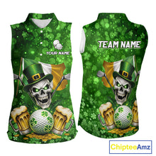 Load image into Gallery viewer, Custom Funny Skull Golf and Beer Ireland Flag Green St Patrick Team Ladies Sleeveless Golf shirts NQS11485