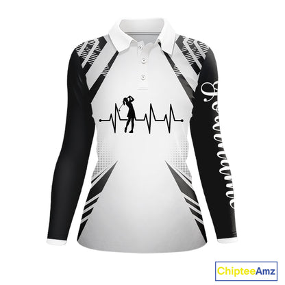 Black & White Golf Heartbeat US Flag Golf Polo Shirts for Women Custom Patriotic ladies golf attire NQS11754