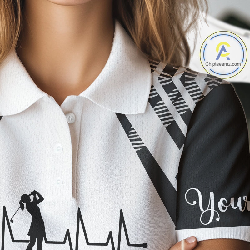 Black & White Golf Heartbeat US Flag Golf Polo Shirts for Women Custom Patriotic ladies golf attire NQS11754