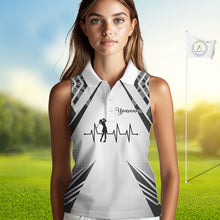 Load image into Gallery viewer, Black &amp; White Golf Heartbeat US Flag Sleeveless Golf Polo Shirt Custom Patriotic ladies golf attire NQS11754