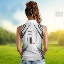 Load image into Gallery viewer, Black &amp; White Golf Heartbeat US Flag Sleeveless Golf Polo Shirt Custom Patriotic ladies golf attire NQS11754