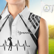 Load image into Gallery viewer, Black &amp; White Golf Heartbeat US Flag Sleeveless Golf Polo Shirt Custom Patriotic ladies golf attire NQS11754