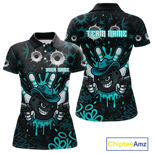 Black and Cyan Blue Bowling Cowboy gun Women bowling polo, 1/4 zip shirt Custom bowling team jersey NQS10689
