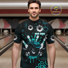 Load image into Gallery viewer, Black and Cyan Blue Bowling Cowboy gun Men bowling polo, 1/4 zip shirts Custom bowling team jersey NQS10689