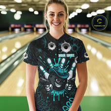 Load image into Gallery viewer, Black and Cyan Blue Bowling Cowboy gun Women bowling polo, 1/4 zip shirt Custom bowling team jersey NQS10689