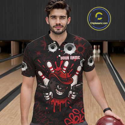 Funny Black and Red Bowling Cowboy gun Men bowling polo, 1/4 zip shirts Custom bowling team jersey NQS10690