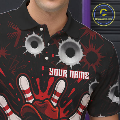 Funny Black and Red Bowling Cowboy gun Men bowling polo, 1/4 zip shirts Custom bowling team jersey NQS10690