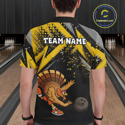 Custom Funny Turkey Bowling Jersey Black and Yellow Thanksgiving Bowling Team Men Polo, 1/4 Zip Shirt NQS10900