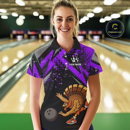 Custom Funny Turkey Bowling Jersey Black & Purple Thanksgiving Bowling Team Women Polo, 1/4 Zip Shirt NQS10901