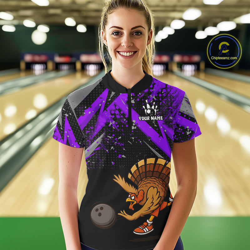 Custom Funny Turkey Bowling Jersey Black & Purple Thanksgiving Bowling Team Women Polo, 1/4 Zip Shirt NQS10901