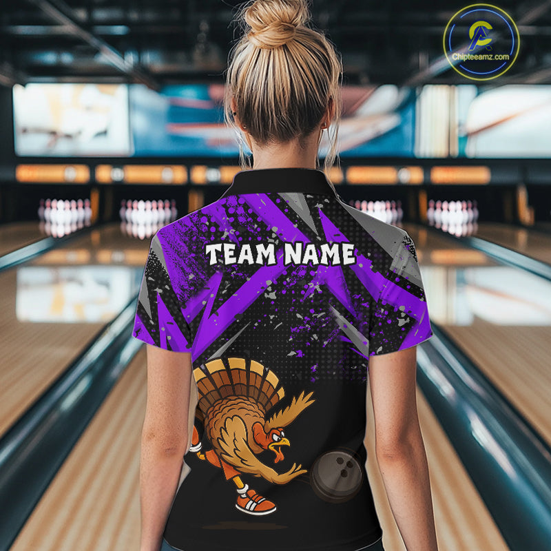 Custom Funny Turkey Bowling Jersey Black & Purple Thanksgiving Bowling Team Women Polo, 1/4 Zip Shirt NQS10901