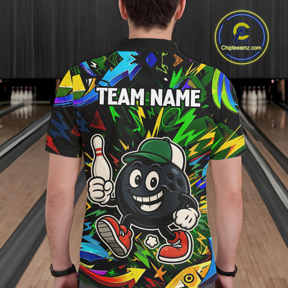 Green graffiti pattern Funny Bowling polo, quarter zip shirts for men custom Bowling team jerseys NQS11079