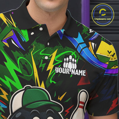 Green graffiti pattern Funny Bowling polo, quarter zip shirts for men custom Bowling team jerseys NQS11079