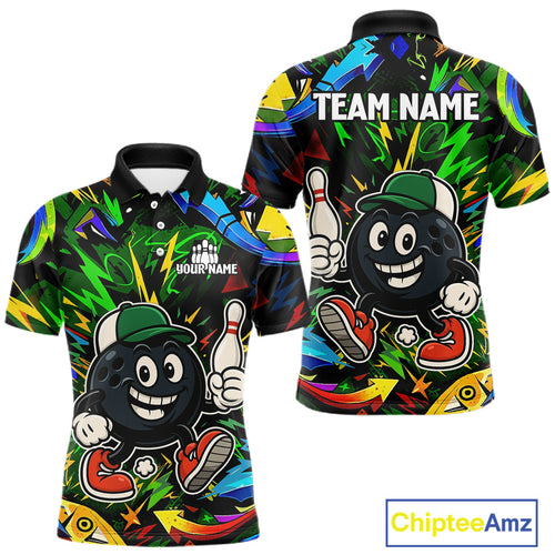 Green graffiti pattern Funny Bowling polo, quarter zip shirts for men custom Bowling team jerseys NQS11079