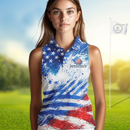 Red, White and Blue American Flag Sleeveless Golf Polo Shirts Custom patriotic Team womens golf tops NQS11506