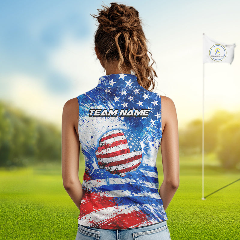 Red, White and Blue American Flag Sleeveless Golf Polo Shirts Custom patriotic Team womens golf tops NQS11506