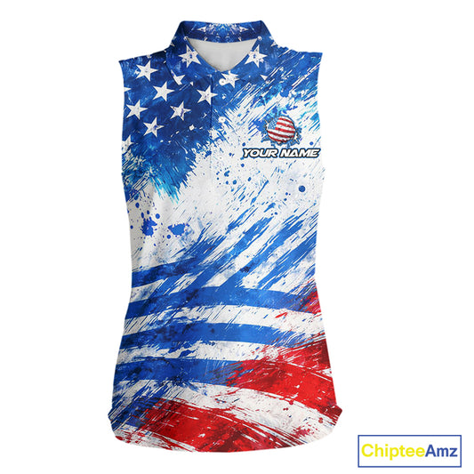 Red, White and Blue American Flag Sleeveless Golf Polo Shirts Custom patriotic Team womens golf tops NQS11506