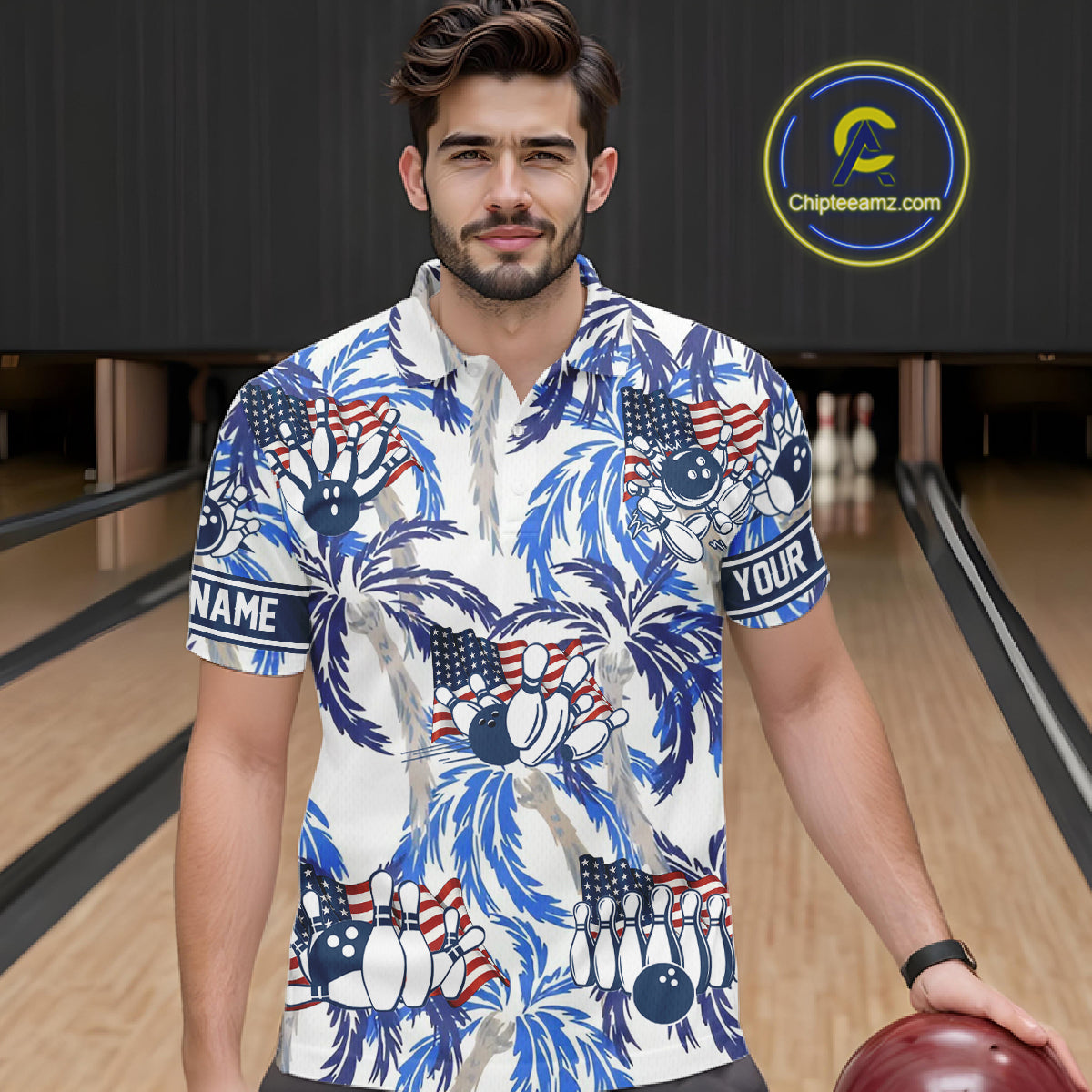 Blue Palm tropical pattern American Flag Bowling shirts For Men custom bowling team jerseys NQS11097