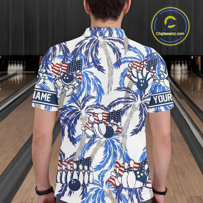 Blue Palm tropical pattern American Flag Bowling shirts For Men custom bowling team jerseys NQS11097